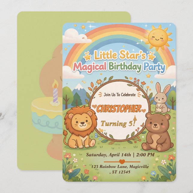 Editable Magical Forest Animals Birthday Invite Einladung (Vorne/Hinten)