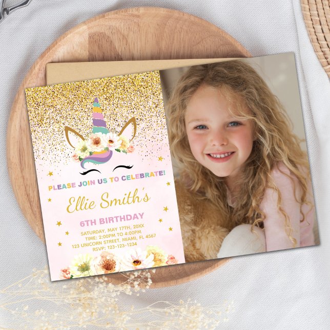 Editable Magical Invite Einladung (Glitter Unicorn Birthday Invitation with photo)
