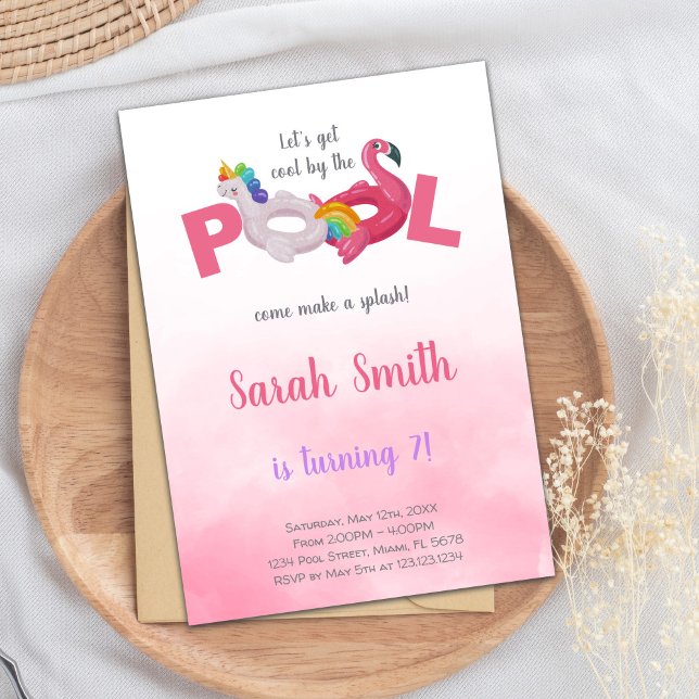 Editable Magical Summer Swim Party laden Einladung (Pink Unicorn Flamingo Pool Birthday Invitations)
