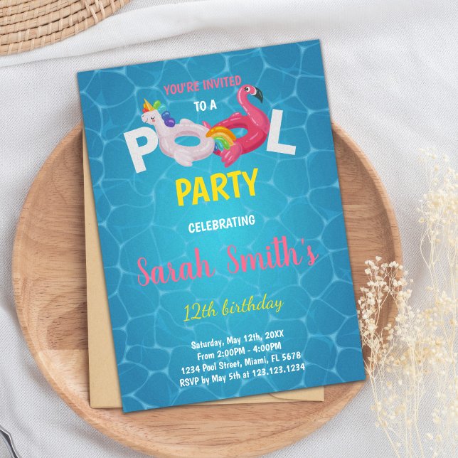 Editable Magical Tropical Swim Party laden Einladung (Unicorn Flamingo Pool Birthday Invitations)