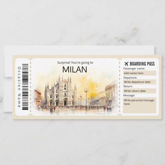 Editable Mailand Boarding Pass Italia Flugzeug Tic Einladung (Vorderseite)