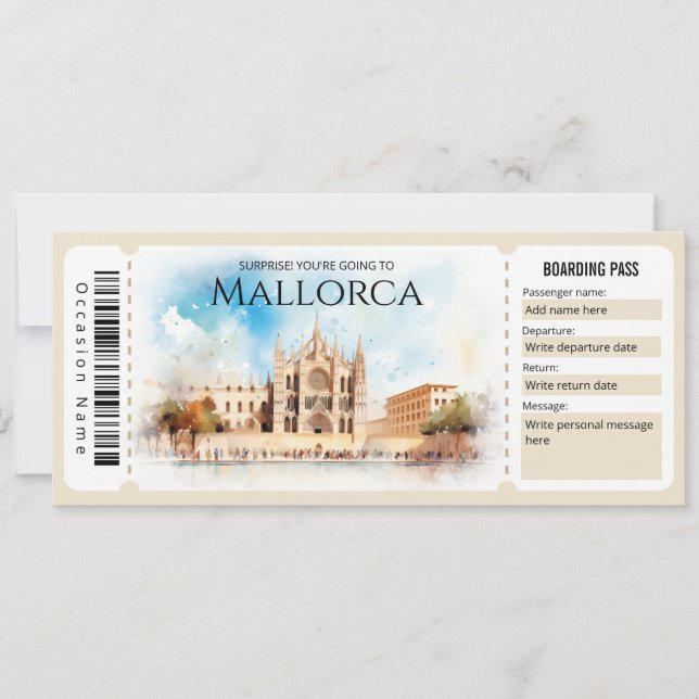 Editable Mallorca Flugzeug Boarding Ticket Einladung (Vorderseite)