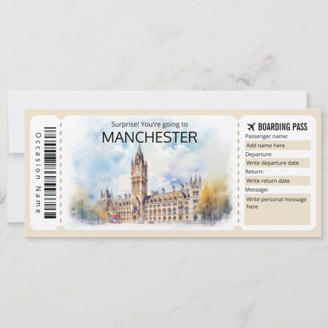 Editable Manchester Flugzeug Ticket, England Trip Einladung (Vorderseite)