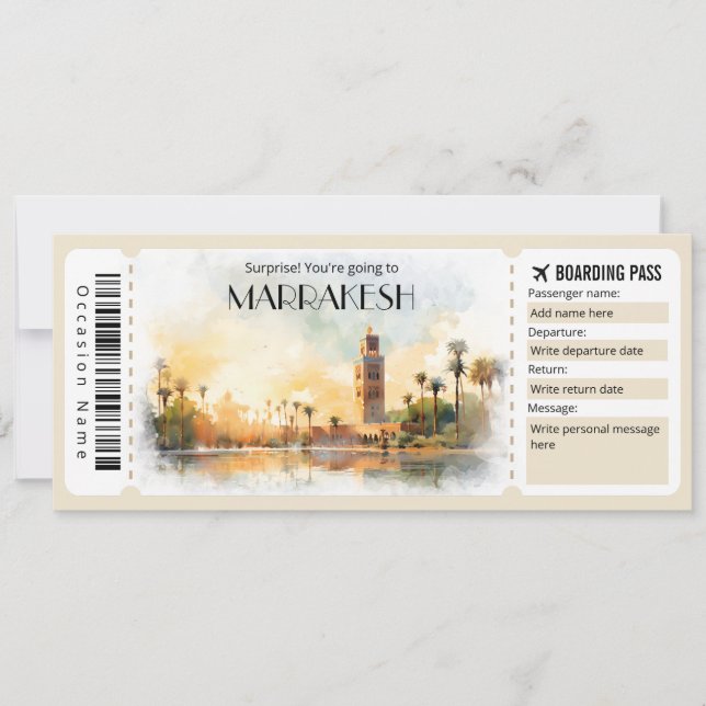 Editable Marrakesch Boarding Pass Flugzeug Ticket Einladung (Vorderseite)