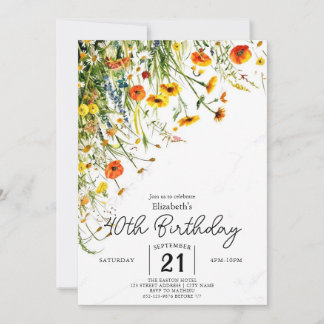 Editable Meadow Wildblumen 40. Geburtstag Einladung