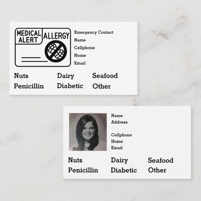 Editable Medical Alert Allergy Emergency Visitenkarte (Vorne/Hinten)