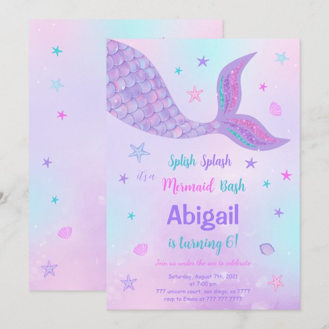Editable Mermaid Birthday Einladung (Vorne/Hinten)