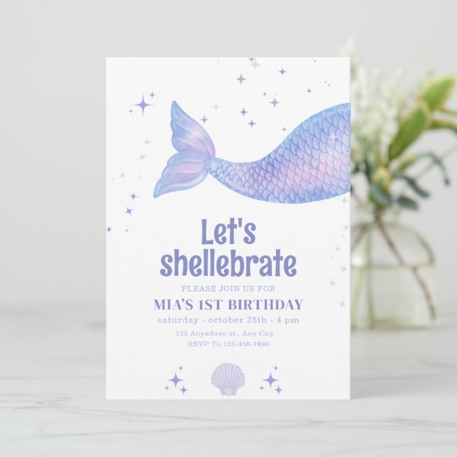 Editable Mermaid Birthday, Meerjungfrau Einladung (Stehend Vorderseite)