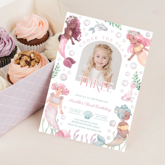Editable Mermaid Dritter Geburtstag Einladung (Editable Mermaid Third Birthday Invitation With Picture 3rd Birthday Watercolor Pink Third 3 Year)