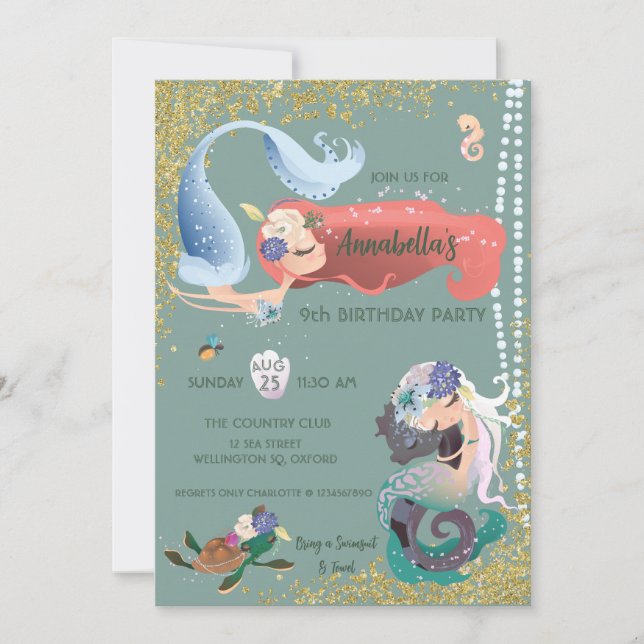 Editable Mermaid Einladung (Vorderseite)