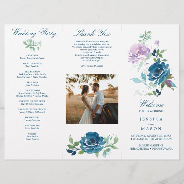 Editable Midnight Blooms Trifold Wedding Program Flyer (Vorne)