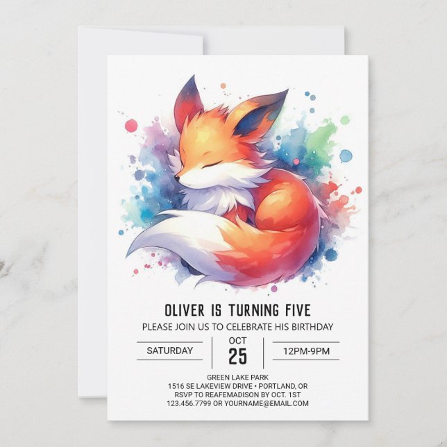 Editable Modern Fox Birthday Einladung (Vorderseite)