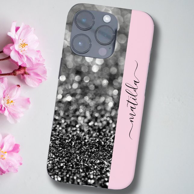 EDITABLE Name Glitzer Bokeh graphit & baby pink iPhone Hülle (Von Creator hochgeladen)