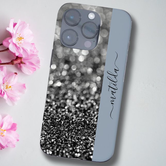 EDITABLE Name Glitzer Bokeh graphite & dusty blue Case-Mate iPhone Hülle (Von Creator hochgeladen)