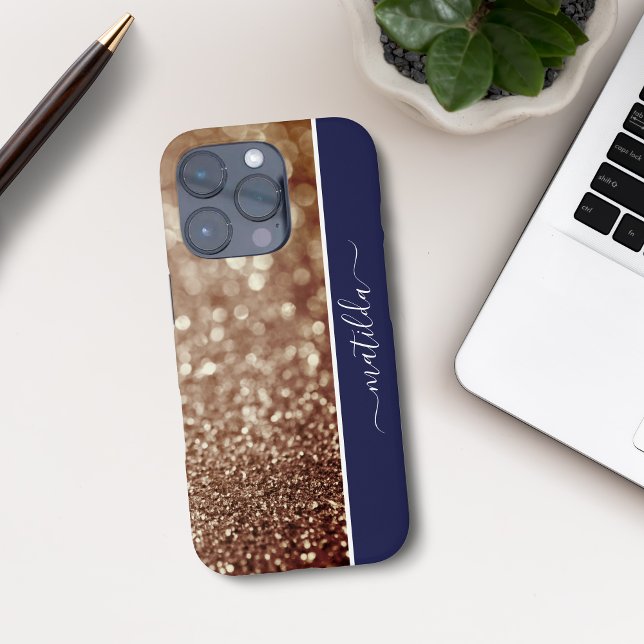 EDITABLE Name Glitzern Bokeh Rose gold & reich bla Case-Mate iPhone Hülle (Von Creator hochgeladen)