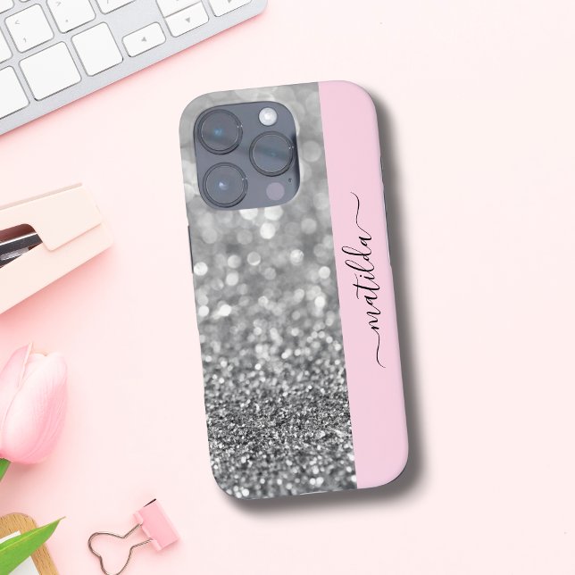 EDITABLE Name Glitzern Bokeh silber & baby pink Case-Mate iPhone Hülle (Von Creator hochgeladen)