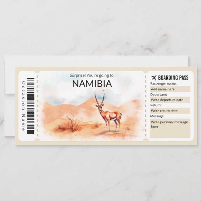 Editable Namibia Boarding Pass Flugzeug Ticket Einladung (Vorderseite)