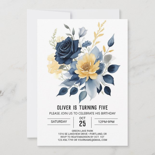 Editable Navy Blue Floral Birthday Einladung (Vorderseite)
