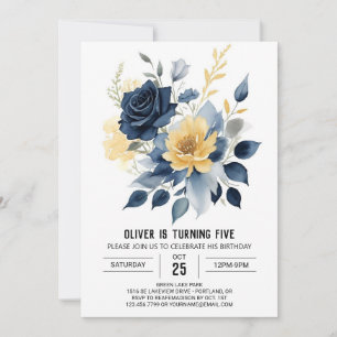Editable Navy Blue Floral Birthday Einladung