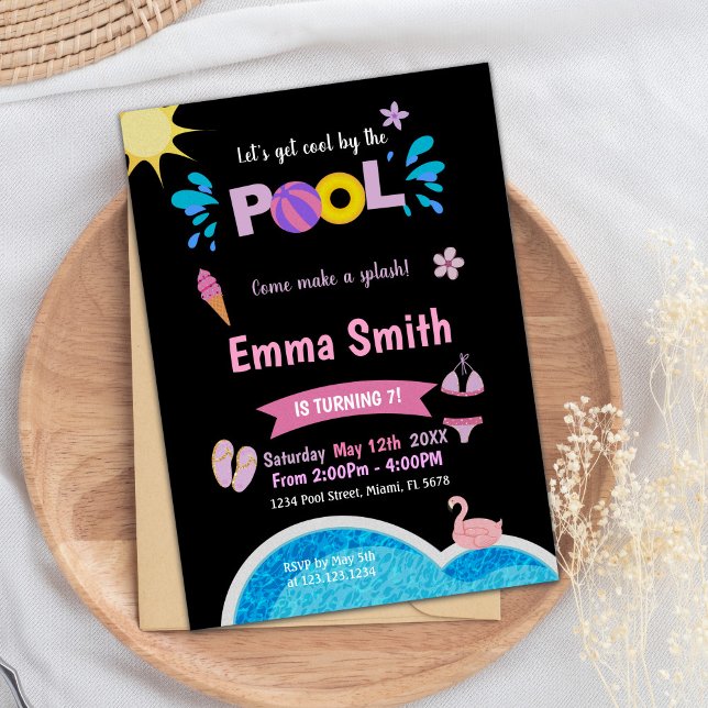 Editable Neon Splash Summer Swim Party laden Einladung (Black Background Pool Birthday Invitations)