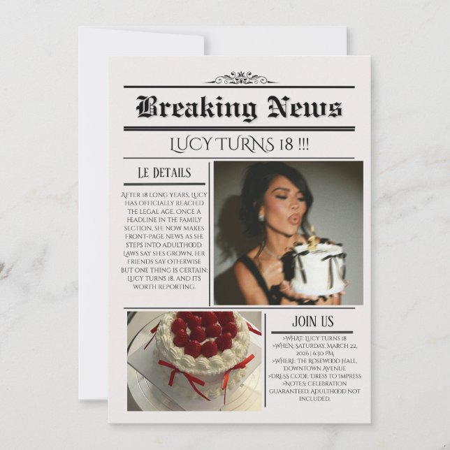 Editable Newspaper Birthday Invitation Template  Einladung (Vorderseite)