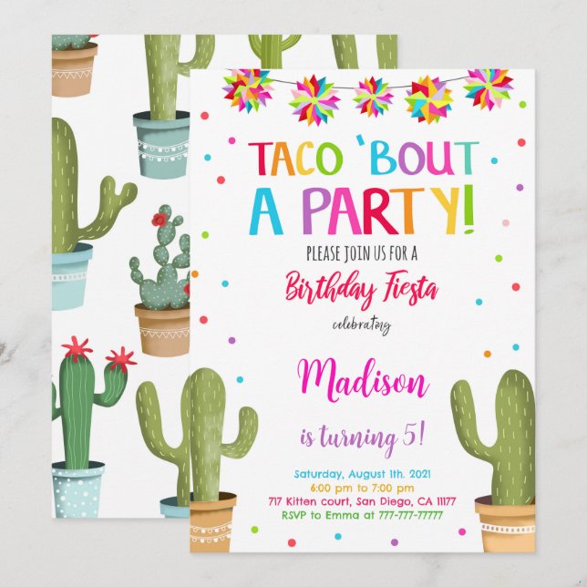 Editable Niedlich Fiesta Birthday Party Einladung (Vorne/Hinten)