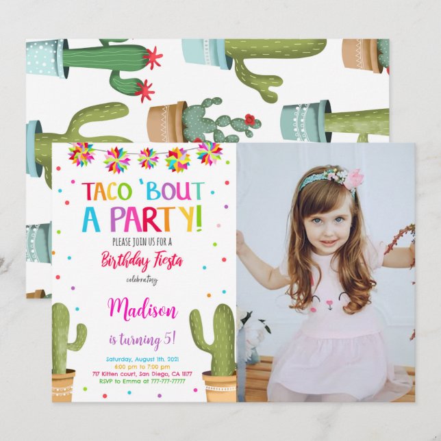 Editable Niedlich Fiesta Birthday Party Foto Einladung (Vorne/Hinten)