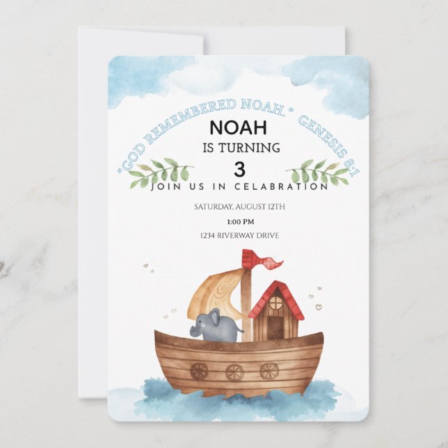Editable Noah Ark 3. Geburtstag Einladung BIBLE (Vorderseite)