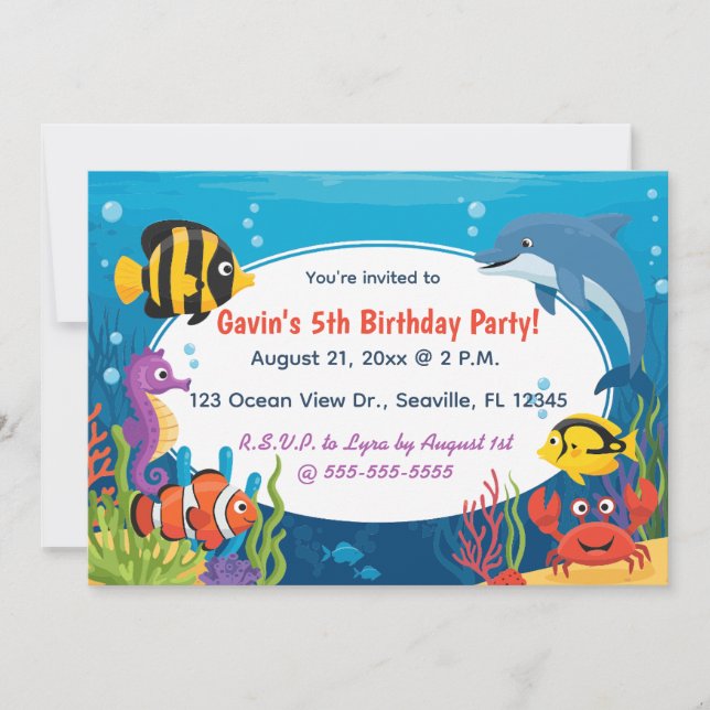 Editable Ocean Creatures Birthday Einladung (Vorderseite)