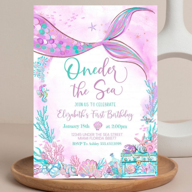 Editable Oneder Sea Mermaid Lila Aquamarin First Einladung (Von Creator hochgeladen)
