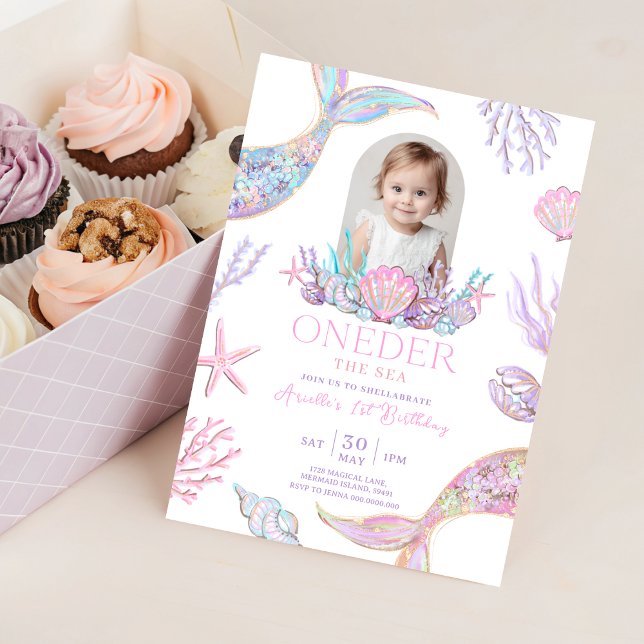 Editable Onethe Sea Mermaid Einladung (Mermaid Tail 1st Birthday Invitation With Picture)