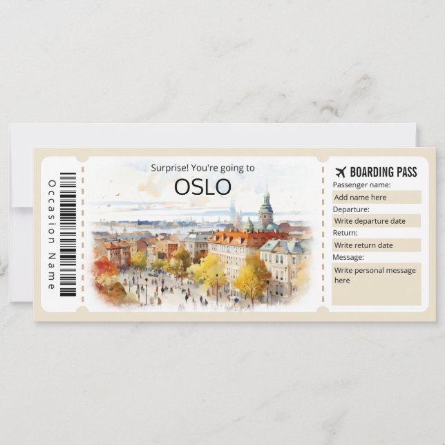 Editable Oslo Flugzeug Ticket, Norwegen Trip Einladung (Vorderseite)