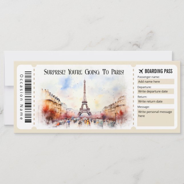 Editable Paris Flugzeug Boarding Pass Ticket Einladung (Vorderseite)