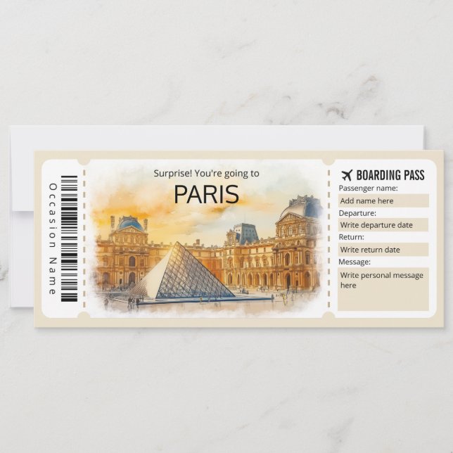 Editable Paris Flugzeug Ticket, France Trip Einladung (Vorderseite)