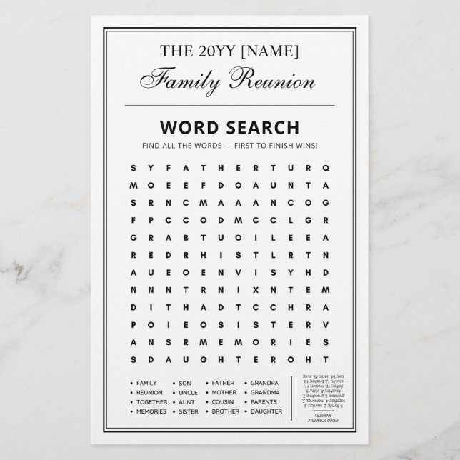 Editable Party Games, Family Wiedersehen Word Game Flyer (Vorne)