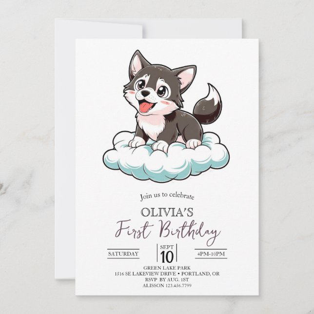 Editable Pastel Digital Wolf 1. Geburtstag Einladung (Vorderseite)