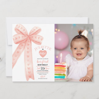 Editable Peach Bow First Girl Birthday Foto Einladung