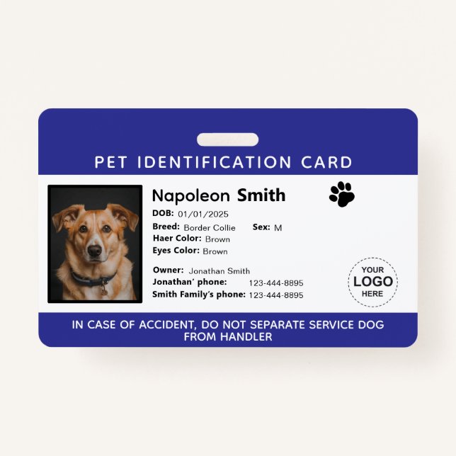 Editable Pet ID Card ,Navy White Service Dog Logo Ausweis (Vorderseite)