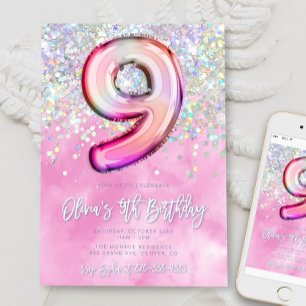 Editable Pink 9th Birthday Einladung Template Gli