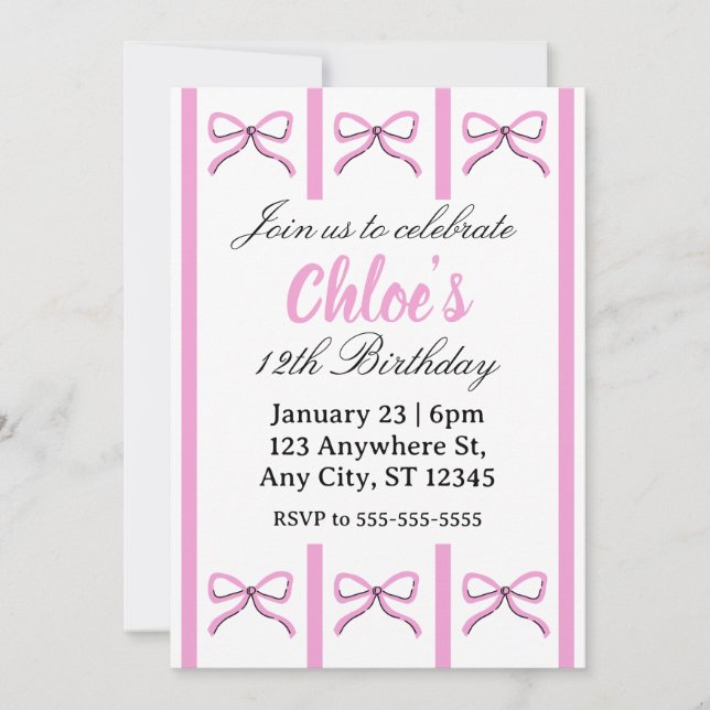 Editable pink bow birthday invite einladung (Vorderseite)