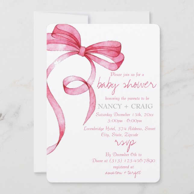 EDITABLE Pink Bow Einladung zur Kinderdusche (Vorderseite)