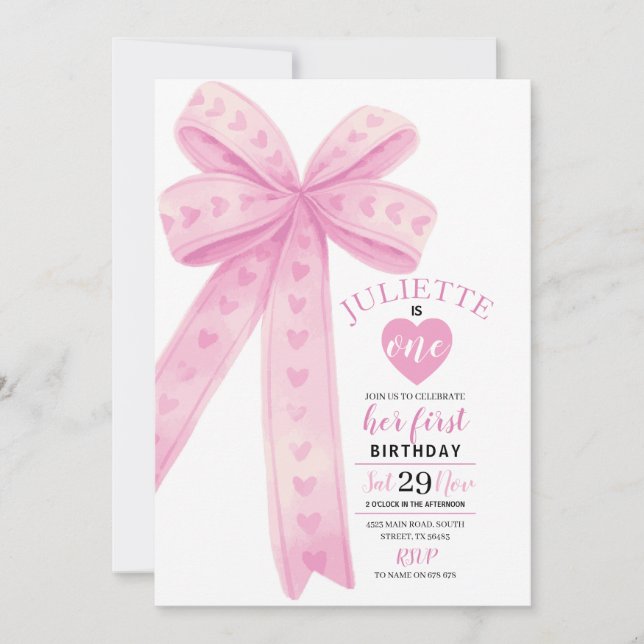 Editable Pink Bow First Girls Einladung Geburtstag (Vorderseite)