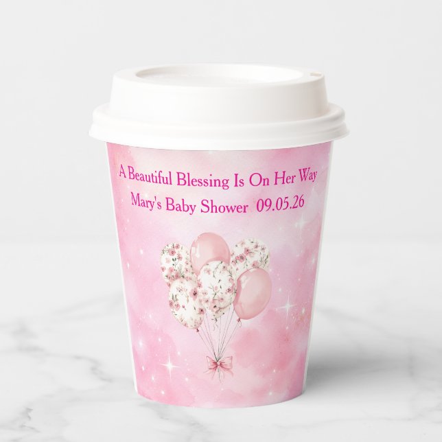 Editable Pink Chinoiserie Baby Shower Tableware Pappbecher (Vorderseite)