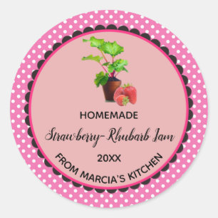 Editable Pink Gingham Strawberry Rhubarb Jam Label Runder Aufkleber