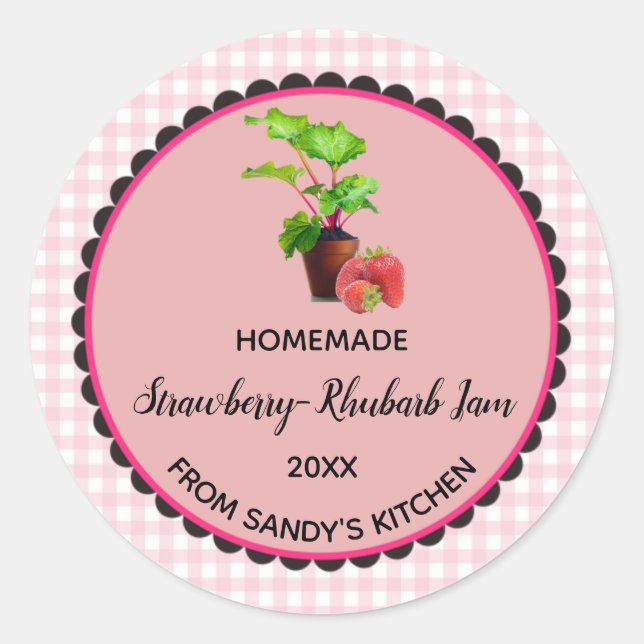 Editable Pink Gingham Strawberry Rhubarb Jam Label Runder Aufkleber (Vorderseite)