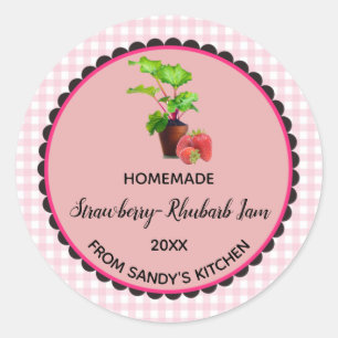 Editable Pink Gingham Strawberry Rhubarb Jam Label Runder Aufkleber