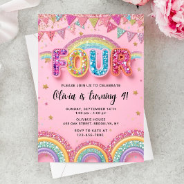 Editable Pink Rainbow Sequin 4th Birthday Invitati Einladung