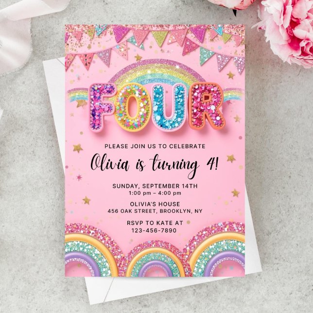 Editable Pink Rainbow Sequin 4th Birthday Invitati Einladung (Von Creator hochgeladen)