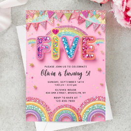 Editable Pink Rainbow Sequin 5th Birthday Invitati Einladung