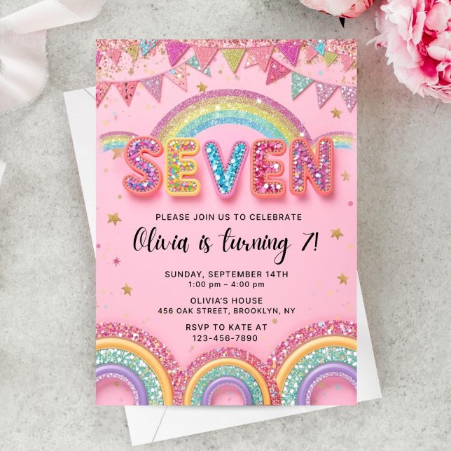 Editable Pink Rainbow Sequin 7th Birthday Invitati Einladung (Von Creator hochgeladen)